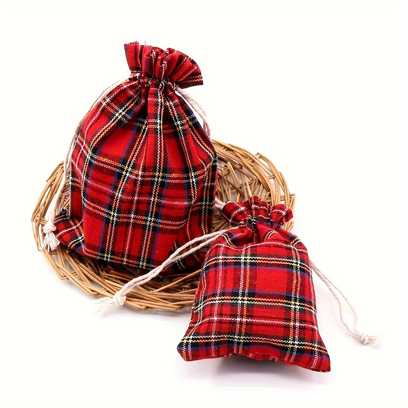10 Pcs Festive Red Plaid Reusable Cotton Drawstring Bags - Perfect for Wedding, Birthday, Christmas, and More Decorative Occasions - Deanwangkt