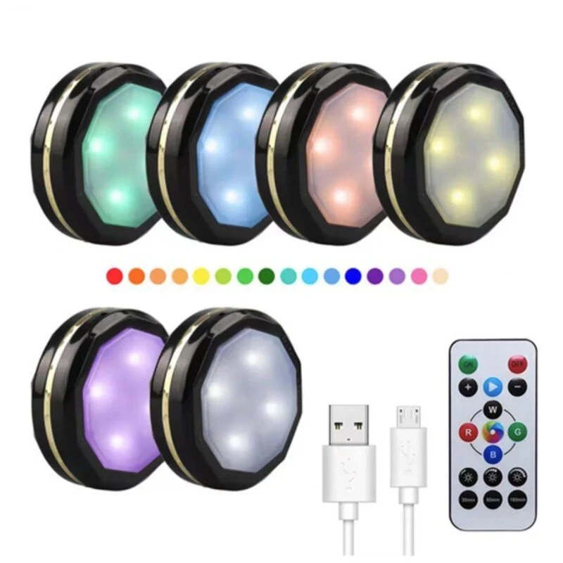 HULIANFU LED Under Cabinet Lighing Rechargeable Puck Light Closet Lights With Remote Counter Bookshelf Portable Round RGB Night Light - Deanwangkt