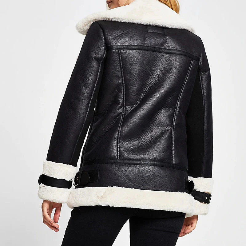 Autumn Winter Coat Women Pu Faux Soft Leather Black White Sheepskin Fur Jacket Female Aviator Outwear Casaco Feminino - Deanwangkt