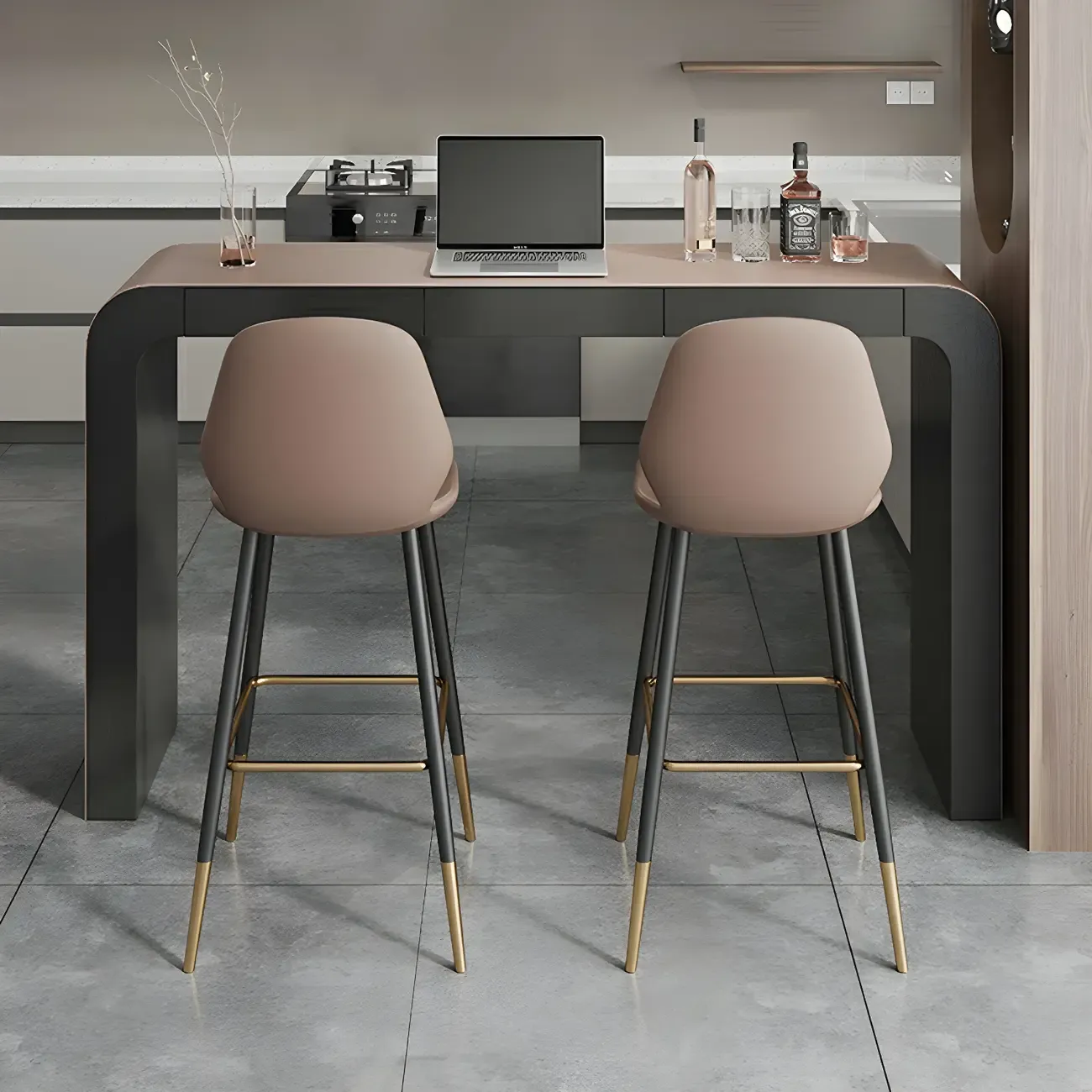 Modern Brown Leather Wooden Curved Bar Tables with 3 Drawers