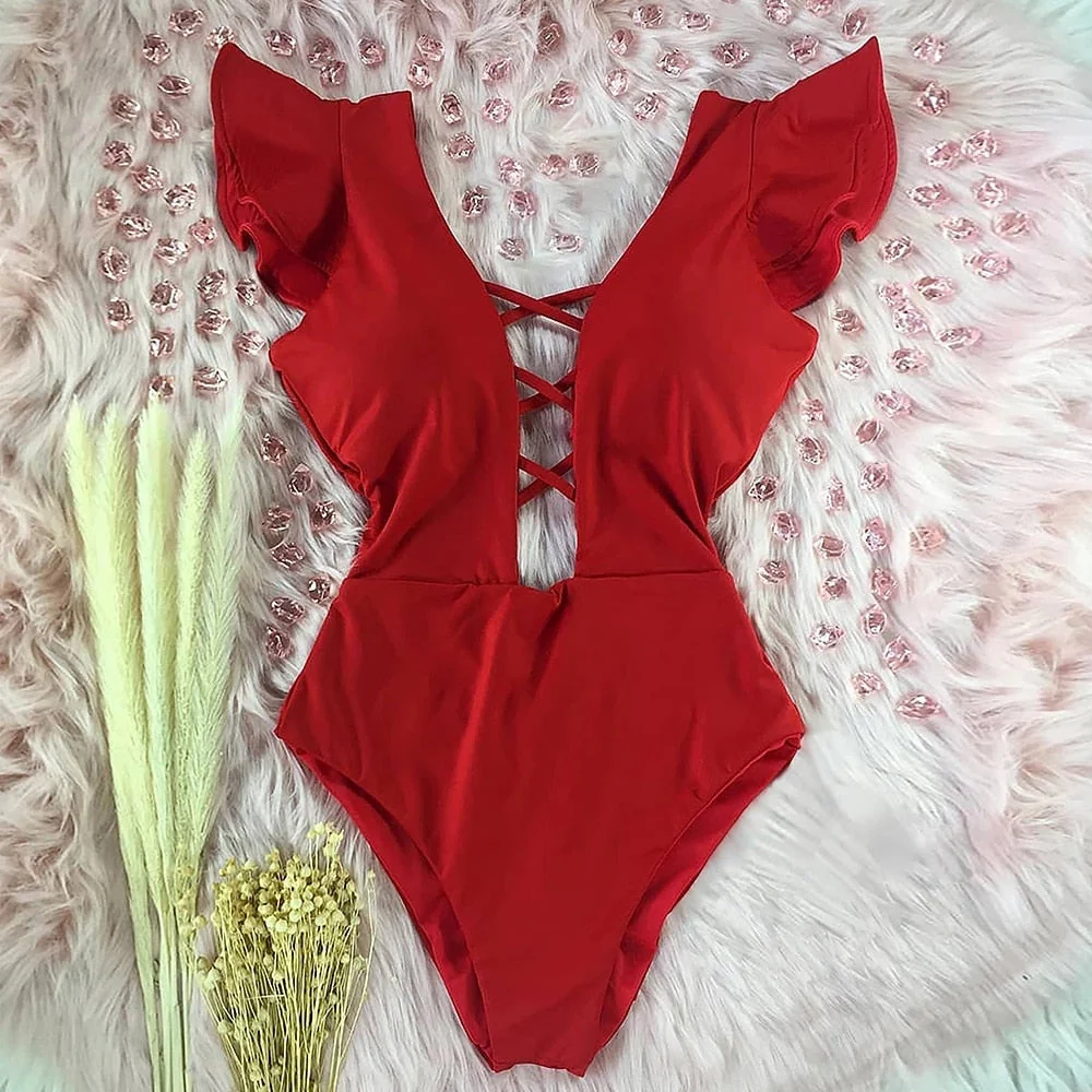 New Sexy Ruffle Print Floral One Piece Swimsuit Off The Shoulder Swimwear Women Solid Deep-V Beachwear Bathing Suit Monkini - Deanwangkt