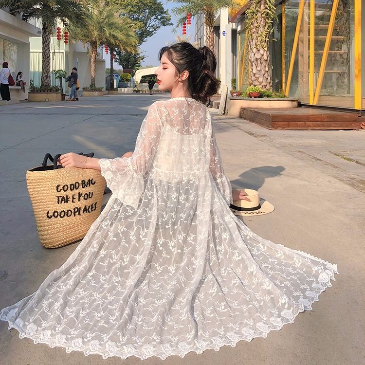 Hulianfu Women Blouse Sun Protection Outerwear Fashion Long Flare Sleeve Mesh Embroidery Thin Loose Party Holiday Maiden Outerwear Sexy - Deanwangkt
