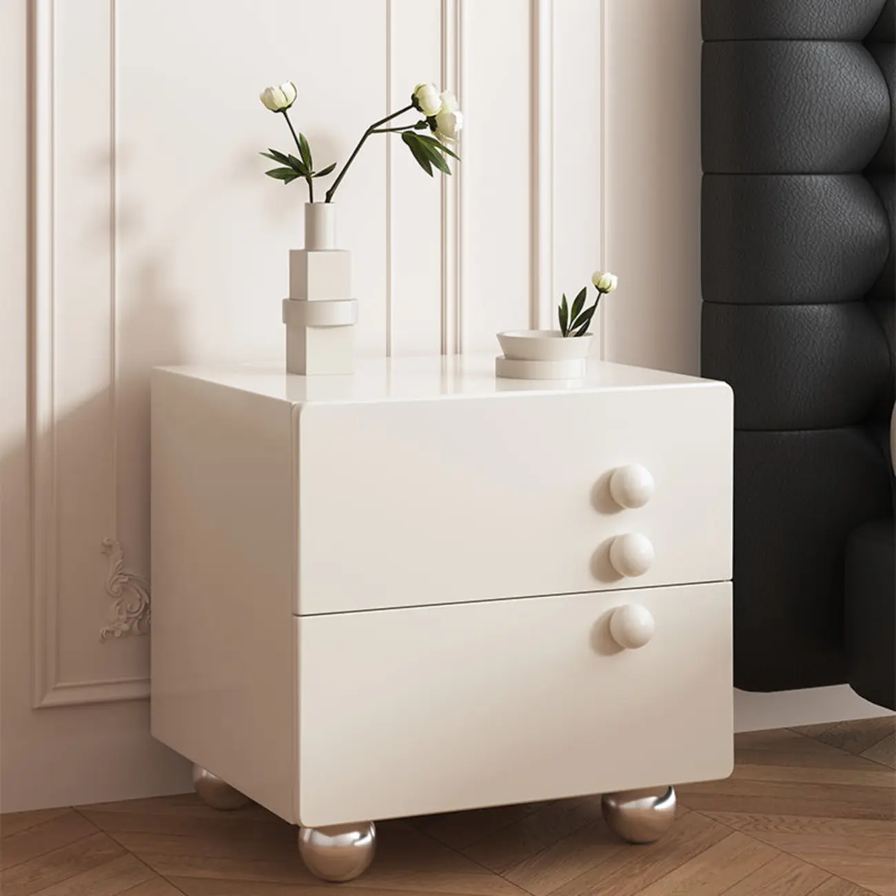 Contemporary Glossy Cream Wooden 2-Drawer Nightstand