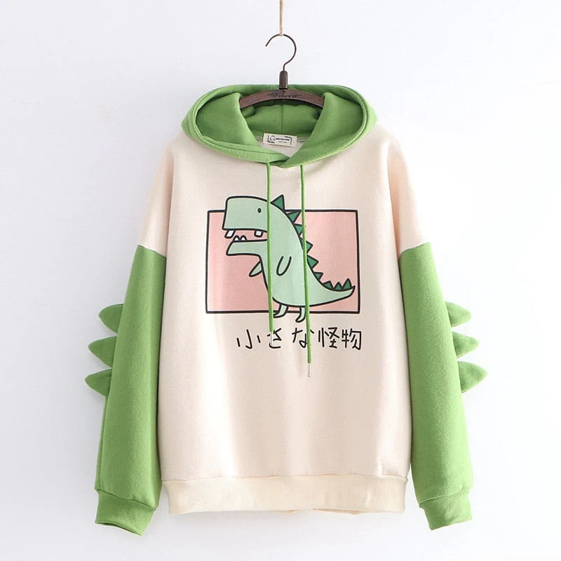 Winter dino hoodie Tops Dinosaur Oversized Cartoon Hoodie Women Fashion Sweatshirt Casual Print Korean Style Thicken Sweatshirt - Deanwangkt
