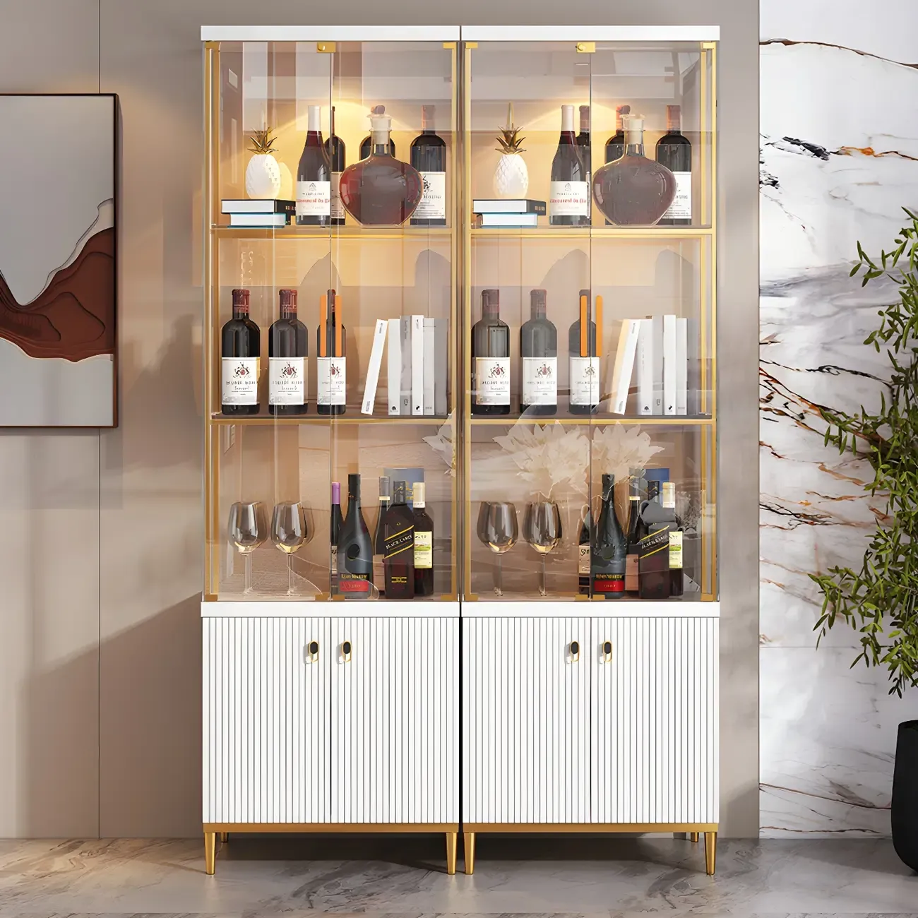 White Wine Glass Door Display Cabinet with LED Lights