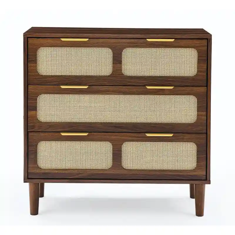 Grondin Mid-Century Modern Boho Style 3 Rattan Drawers Chest with MDF Frame and Solid Wood Legs, Chest of Drawers