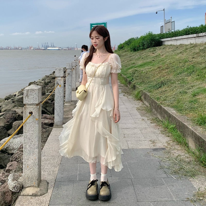 Hulianfu Vinatge Sweet French Midi Dresses Women Casual Short Sleeve Beading Chiffon Dress Elegant Female Party One Piece Dress Korean - Deanwangkt