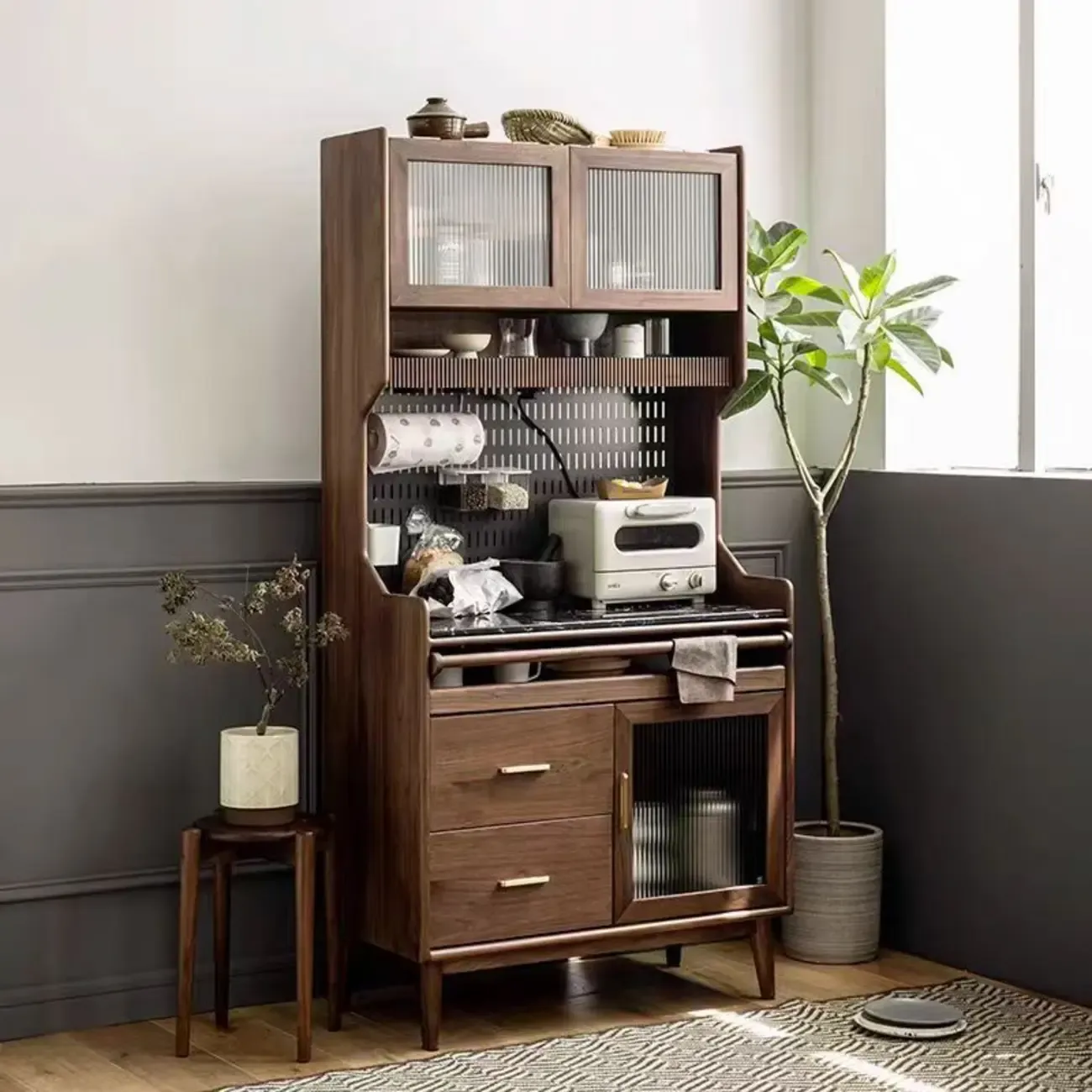 Kitchen Brown Wooden Open Storage Sideboard with Hutch