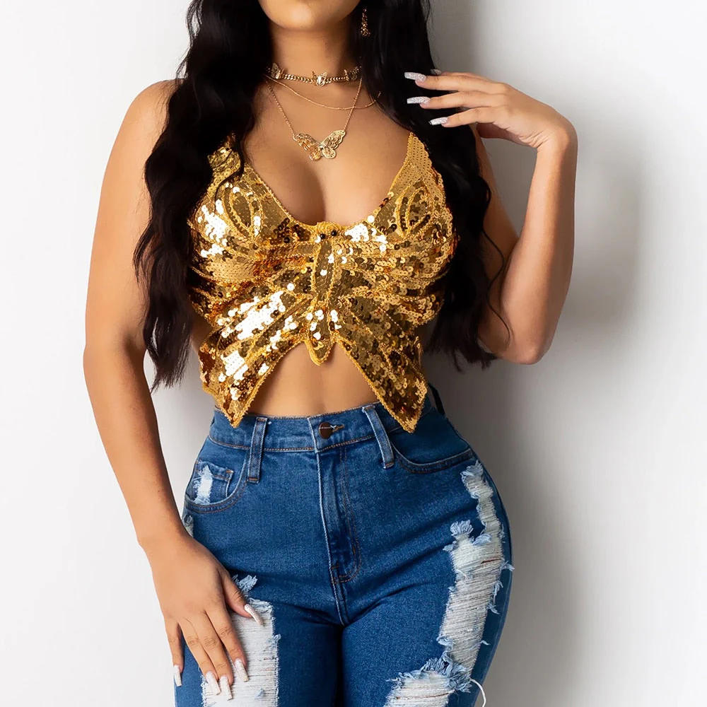 Summer Multi-color Bandage Butterfly Sequin Top Sexy Summer Tops Vintage Womens Lace Up Tank Top T Shirt Backless Short Clothes - Deanwangkt
