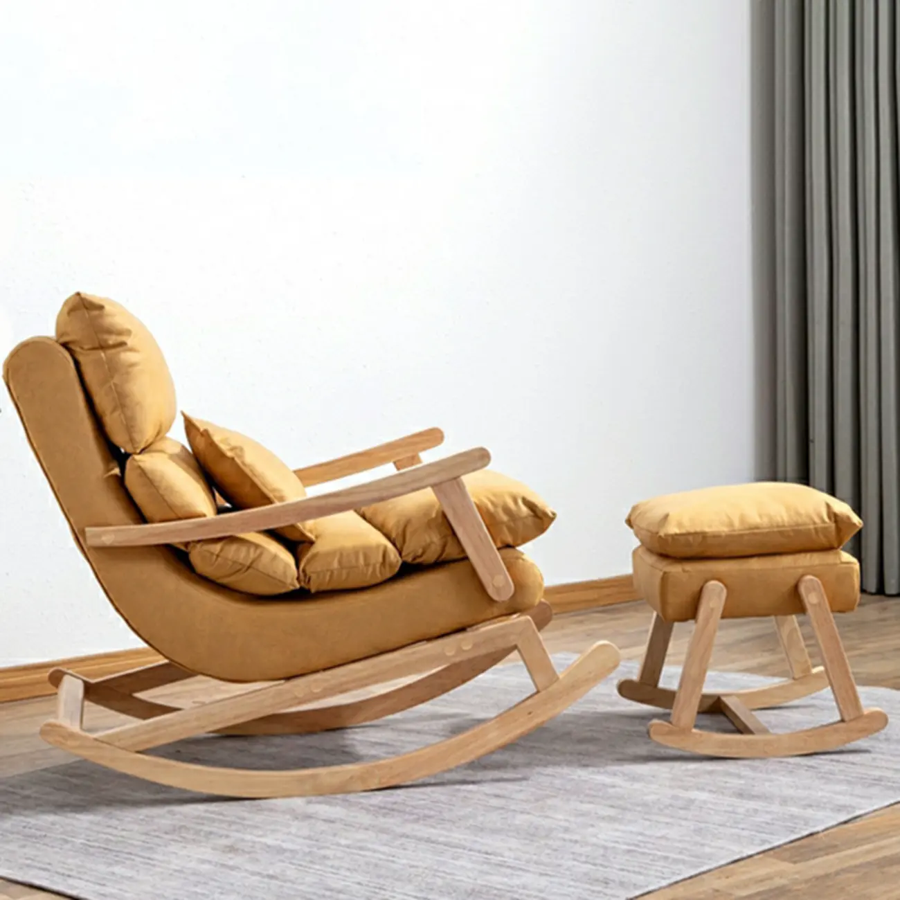 Upholstered Wooden Rocking Chair with Ottoman for Indoor