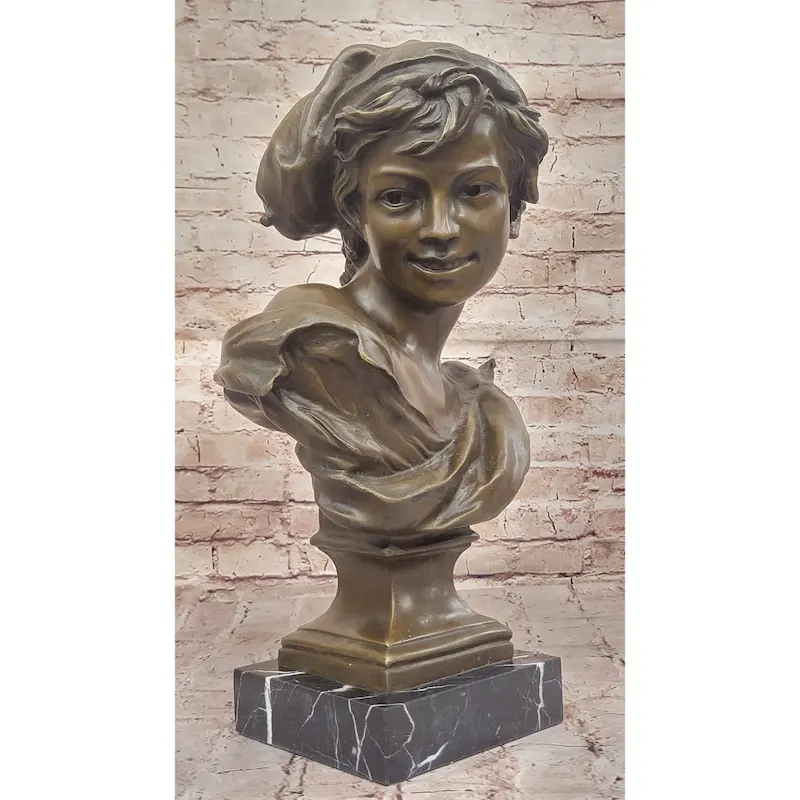 Charming Smiling Boy Bronze Bust Sculpture With Marble Base By Dalou