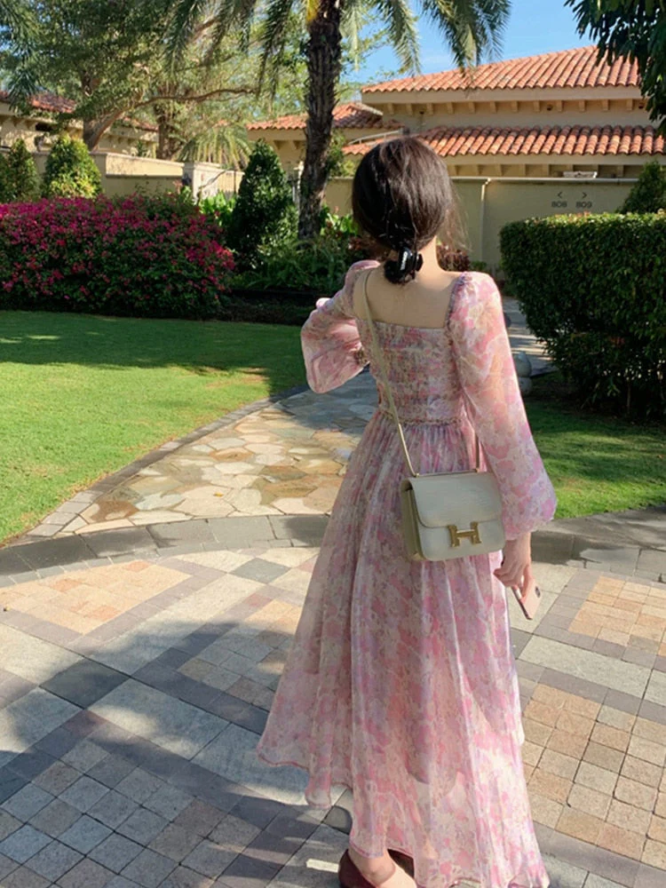 Hulianfu Vintage Long Sleeve One Piece Chiffon Dress for Women Fairy Elegnat French Floral Party Midi Dresses Evening Korean Summer - Deanwangkt