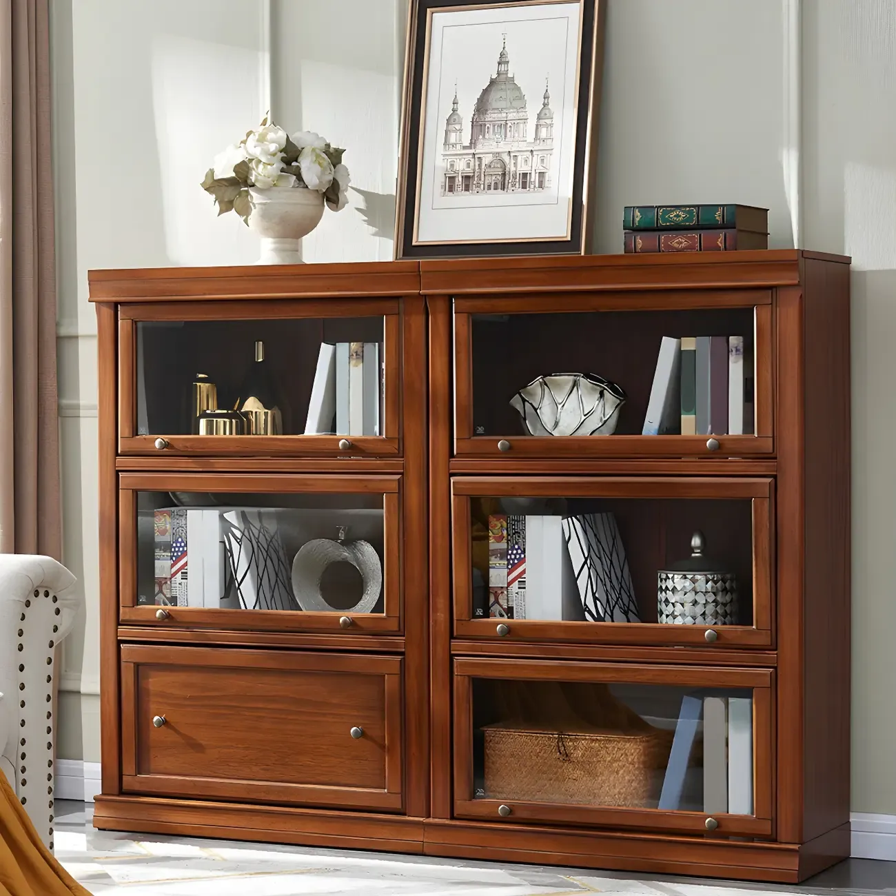 Brown Oak Wood Barrister Bookcases with Glass Doors