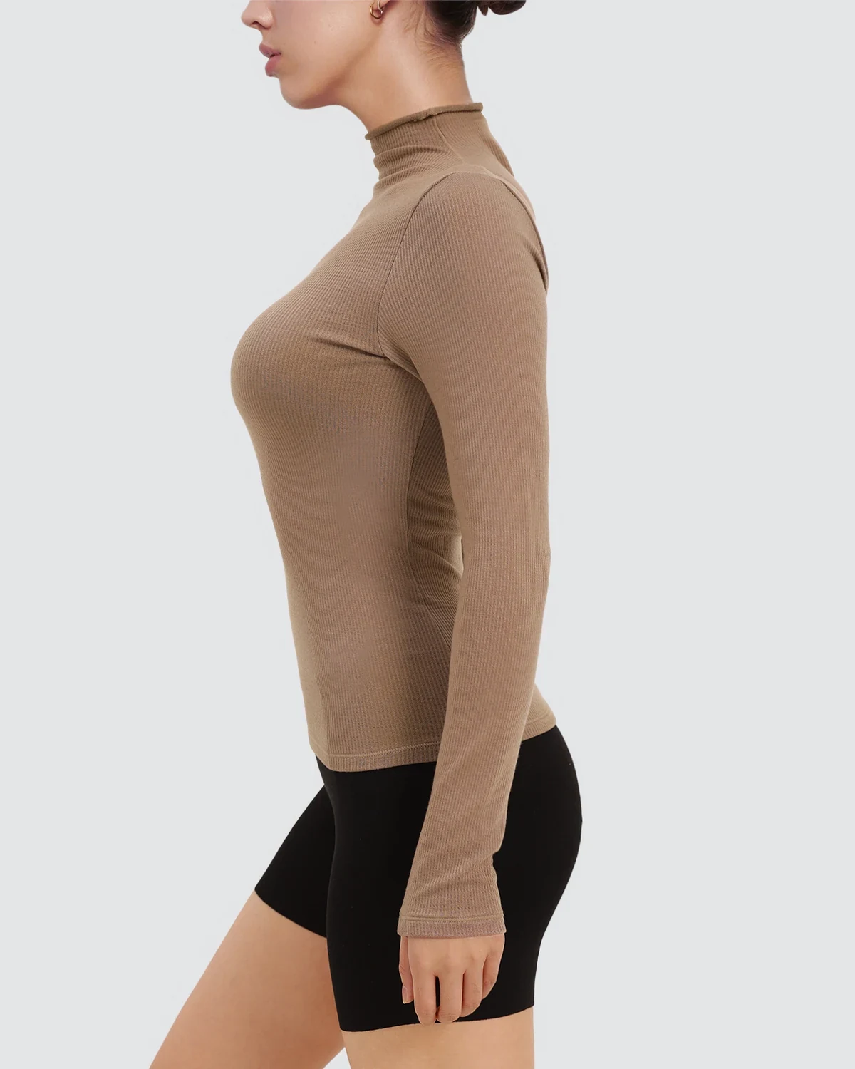 Kardashian-inspired mock-neck ribbed knitted wool-blend base layer top for women, slim long-sleeve shirt that can be worn alone or outside