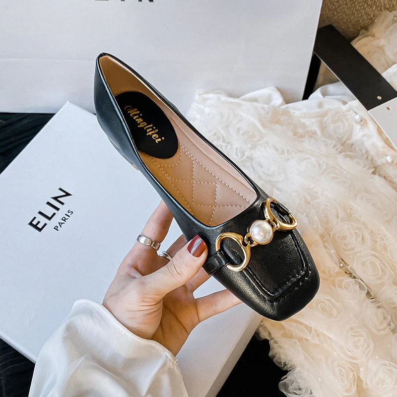Spring/summer  New brand low heel shoes Fashionable square head pearl design outer wear work women's shoes - Deanwangkt