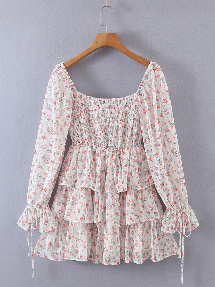 hulianfu Lolita Women's Mini Dresses Flower Printing Square Neck Robes for Women Sweet SLady Long Sleeve Ruffles Ladies Veastidos - Deanwangkt