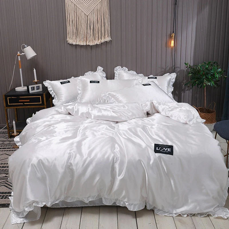 HULIANFU Pure Satin Silk Bedding Set Lace Luxury Duvet Cover Set Single Double Queen King Size 240x220 Couple Quilt Covers White Gray Red - Deanwangkt