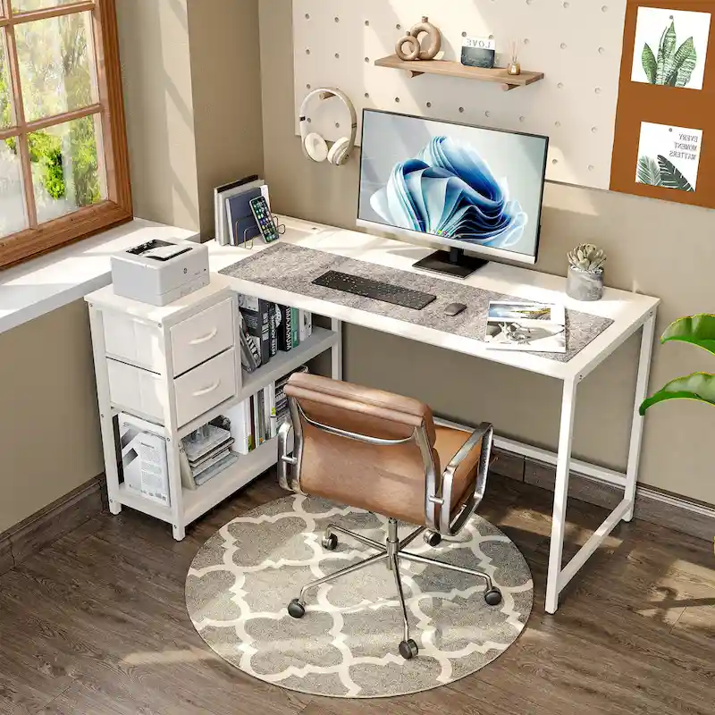 L Shaped Desk with Drawer, Writing Desk, Corner Computer Desk with Shelves and Charging Station