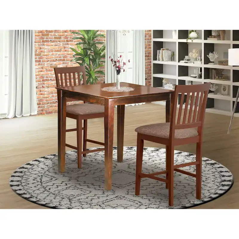East West Furniture 3 Piece Counter Height Pub Set- a Square Dining Table and 2 Kitchen Chairs, Mahogany(Seat Type Options)