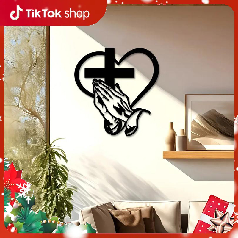 Elegant Metal Christian Heart & Cross Wall Art, Praying Hands Design, Indoor Outdoor Iron Sculpture, Perfect for Living Room Garden Office Farmhouse Decor, Modern Home Decor