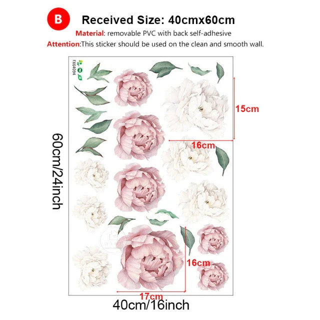 HULIANFU Pink White Watercolor Peony Flowers Wall Stickers for Kids Room Living Room Bedroom Home Decoration Wall Decal Home Decor Floral - Deanwangkt