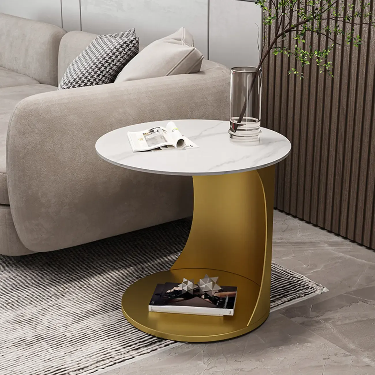 Classic C-Shaped White Marble Side Table with Gold Metal Base