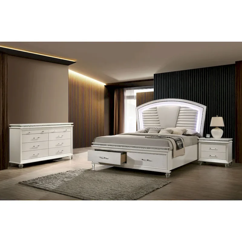 Xian Glam White Solid Wood 3-Piece Platform Bed with Nightstand and Dresser Set with LED by Furniture of America