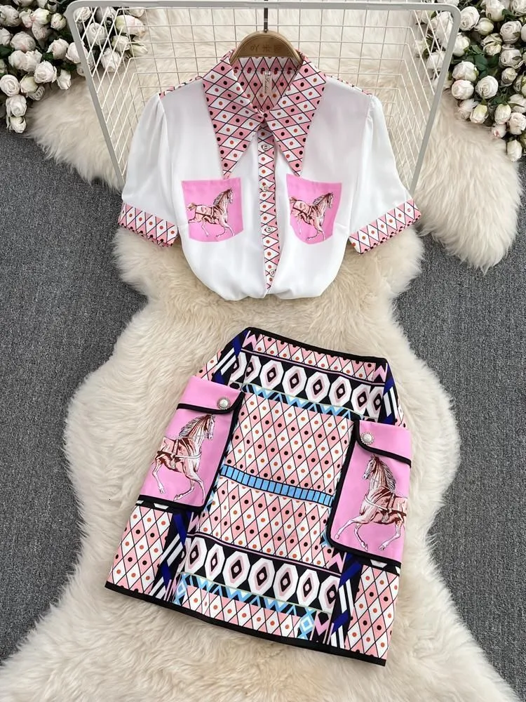 Two Piece Dress Summer Fashion Runway Skirt Suit Women's Short Sleeve Horse Geometry Print Blouse A Line Pocket Mini Skirt 2 Two Piece Set 230829 - Deanwangkt