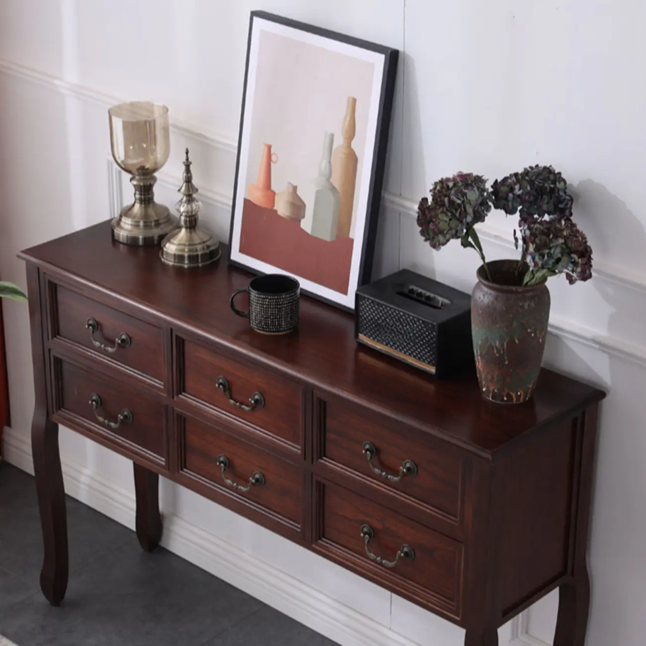 Rectangular Dark Walnut Console Table with Drawers
