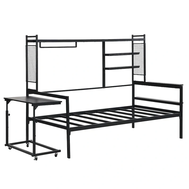 Versatile Daybed with Movable Desk, Metal Sofa Bed Frame with Metal Grid, Shelves and Clothes Hanger, No Box Spring Needed