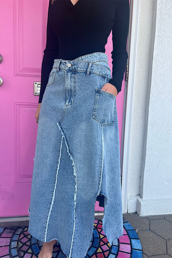 hulianfu Washed Denim High Waist Urban Asymmetric Skirt - Deanwangkt