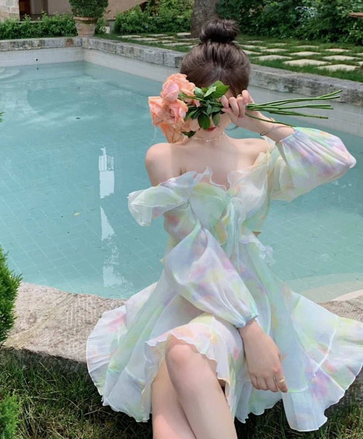 Hulianfu France Sweet Tie-dyed Fairy Dress Women Elegant Chic Ruffles V-Neck Long Sleeve Princess Dresses Female Casual Beach Vestidos - Deanwangkt