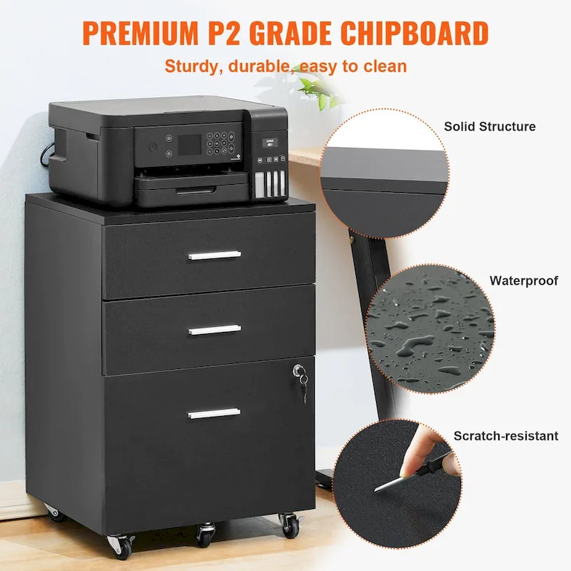 3-Drawer Locking Filing Cabinet with 5 Swivel Wheels and Adjustable File Hangers