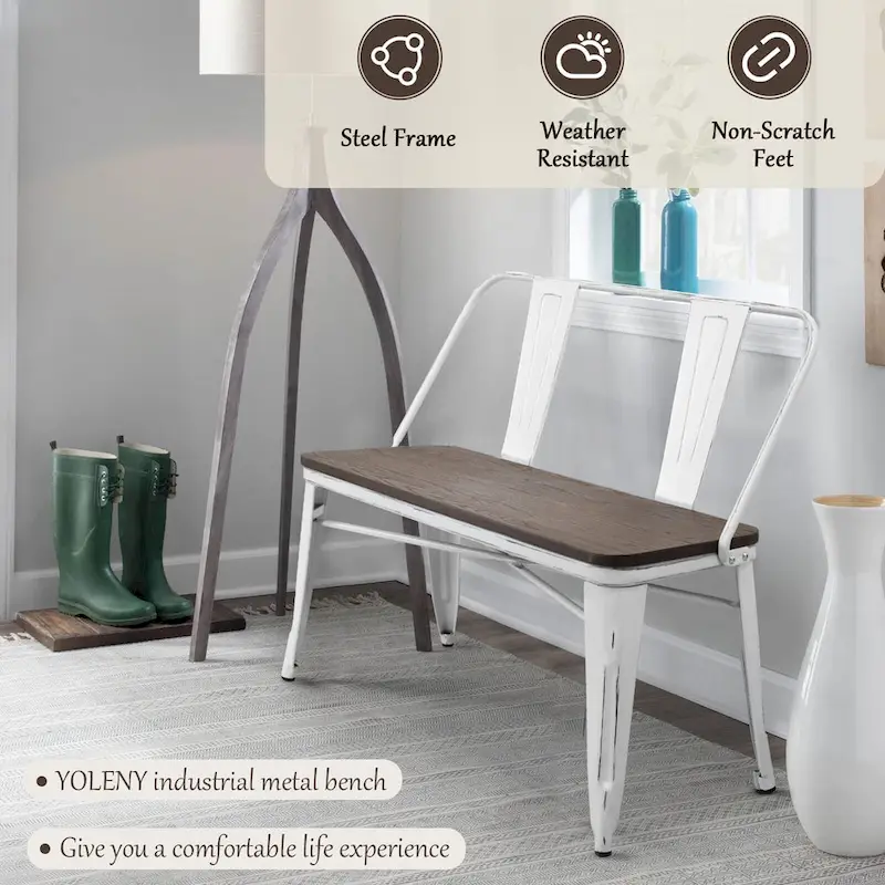 Dining Bench, Entryway Bench with Back, Farmhouse Metal Dining Bench, Industrial Mid-Century 3 Person Bench, Wood Seat