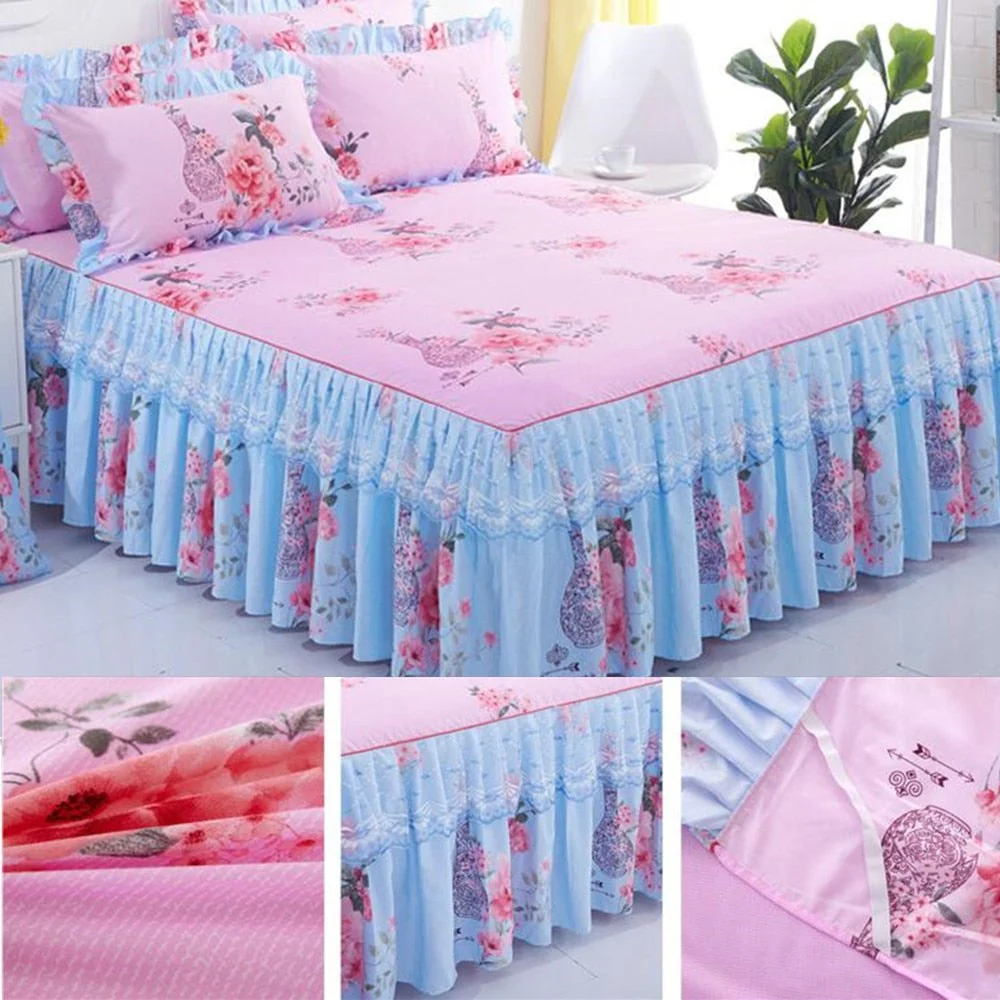HULIANFU  3pcs set Elegant floral bed skirt skin-friendly cotton lace bedding home decor bedspreads queen pink king size bed cover - Deanwangkt