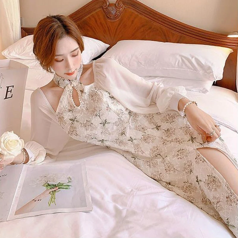 Hulianfu Elegant Vintage Cheongsam Dress Women Patchwork Floral Korean Split Party Dress Lady Casual Design Long Sleeve Fairy Midi Dress - Deanwangkt