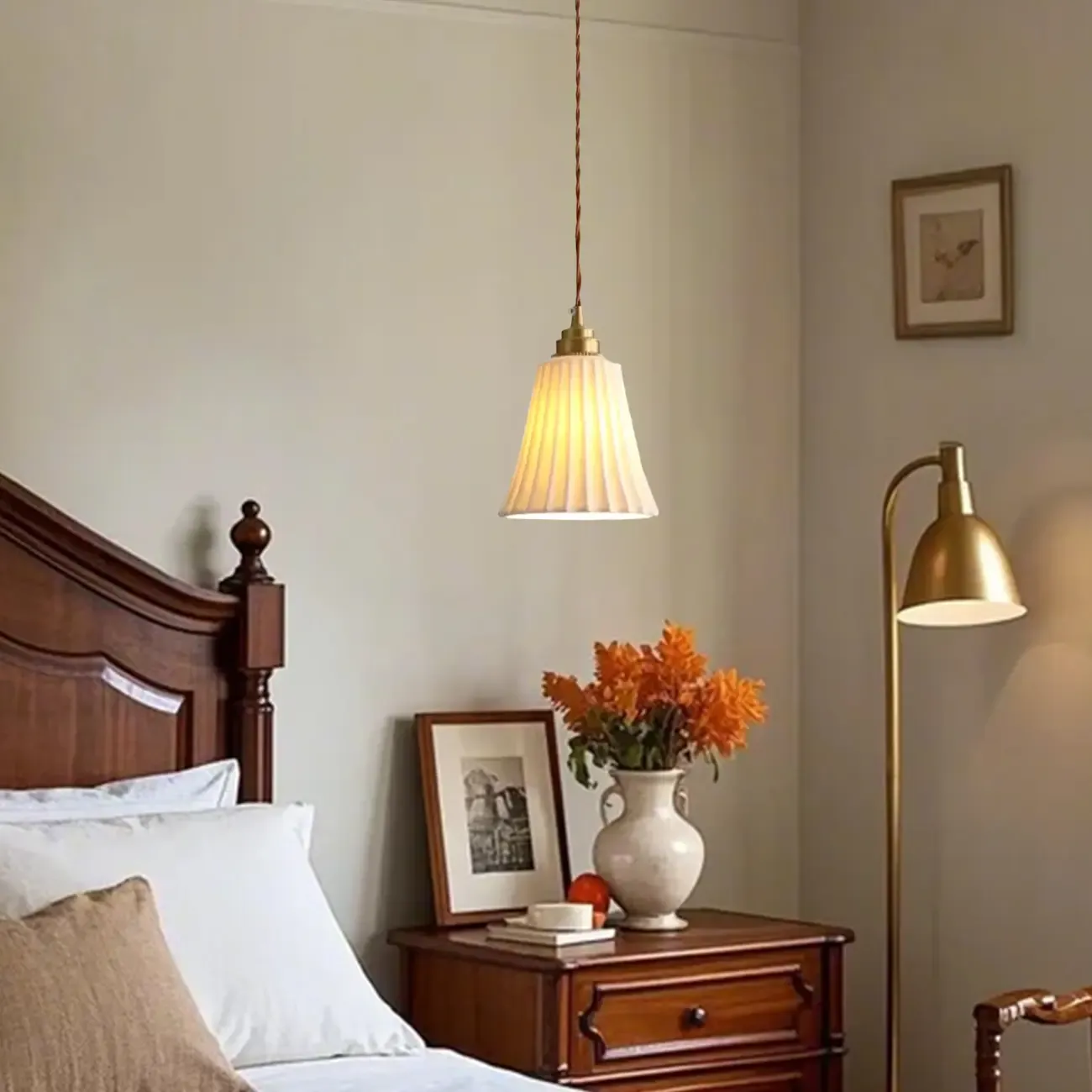 Elegant Cylinder Lampshade White Ceramic Pendant Lamp for Bedroom