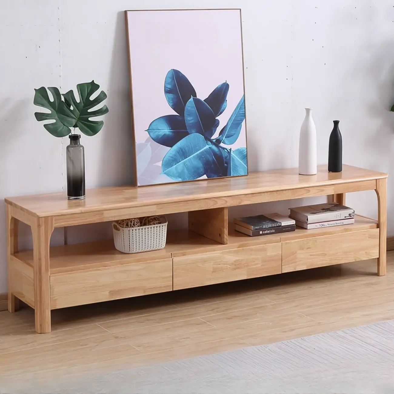 Durable Natural Wooden TV Stand with Cable Management