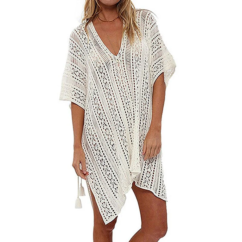 White Knitted Sexy Holiday Beach Dress Women Party Skinny Backless Long Sleeve Bodycon Mini Dresses Casual Summer Clothing - Deanwangkt