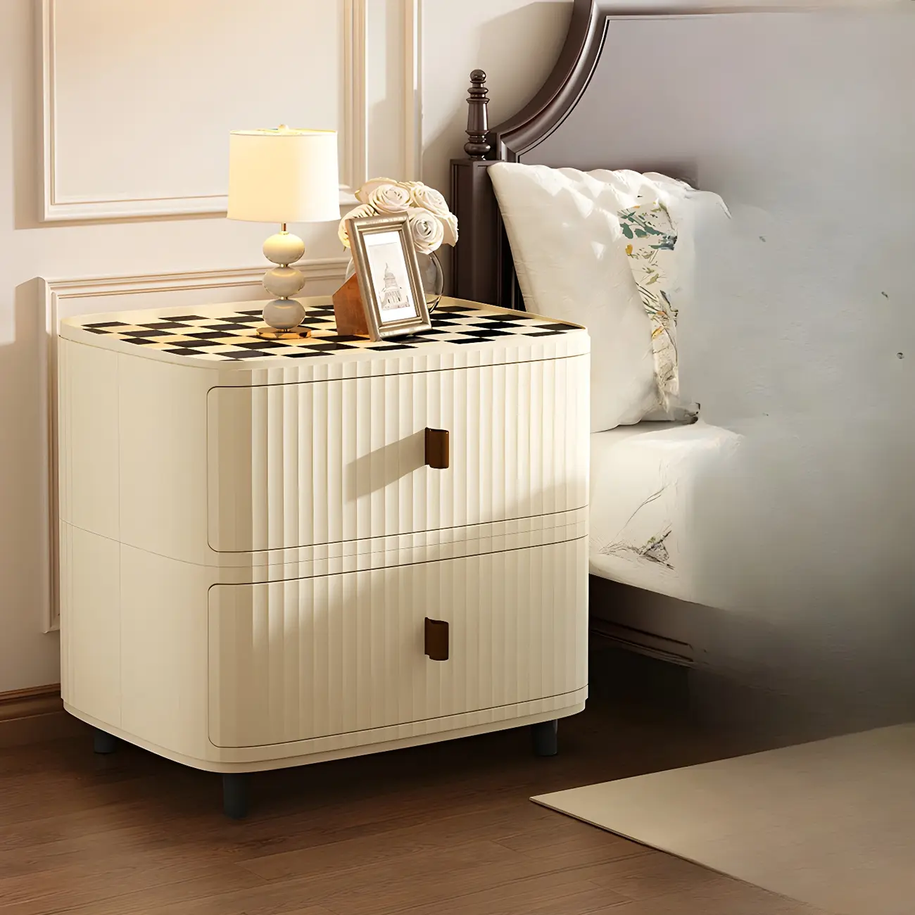 Modern Black And White Grid Top Nightstands with Drawers