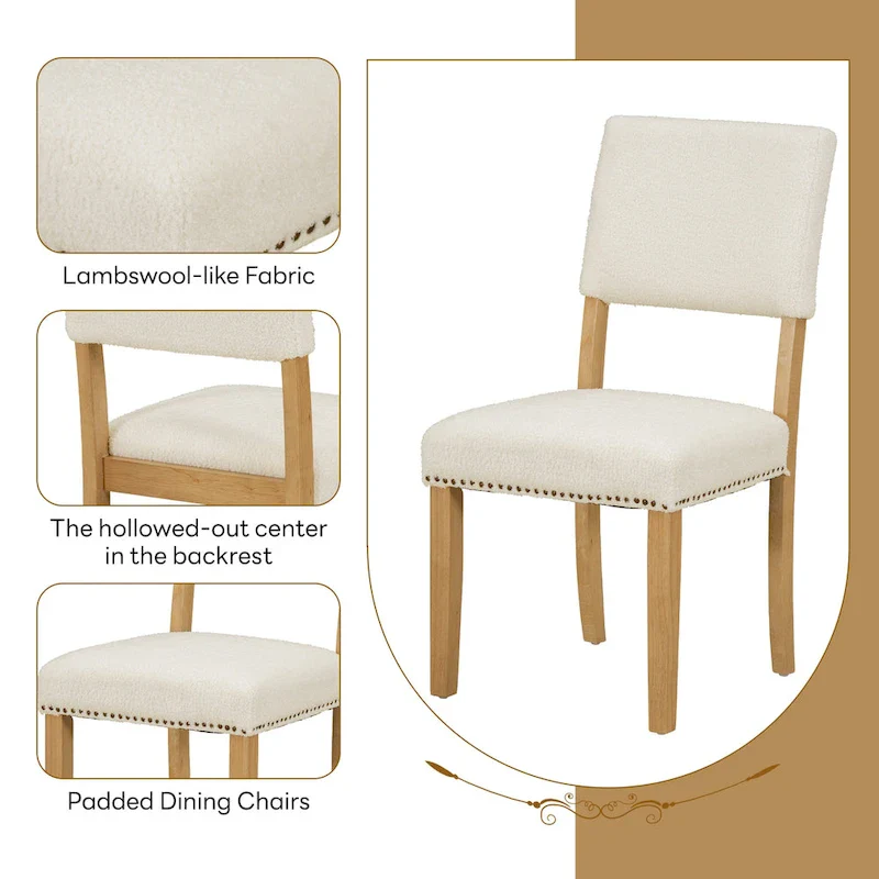 Farmhouse Style 5-Piece Wooden Dining Set with Round Table and 4 Lambswool-like Fabric Upholstered Chairs