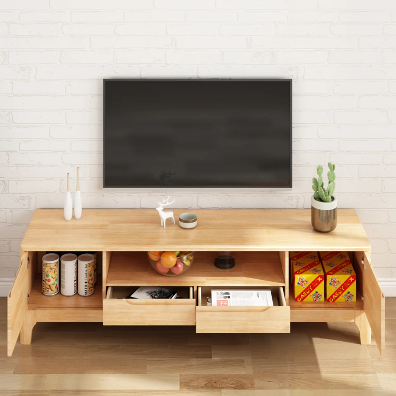 Durable Natural Wooden TV Stand with Cable Management
