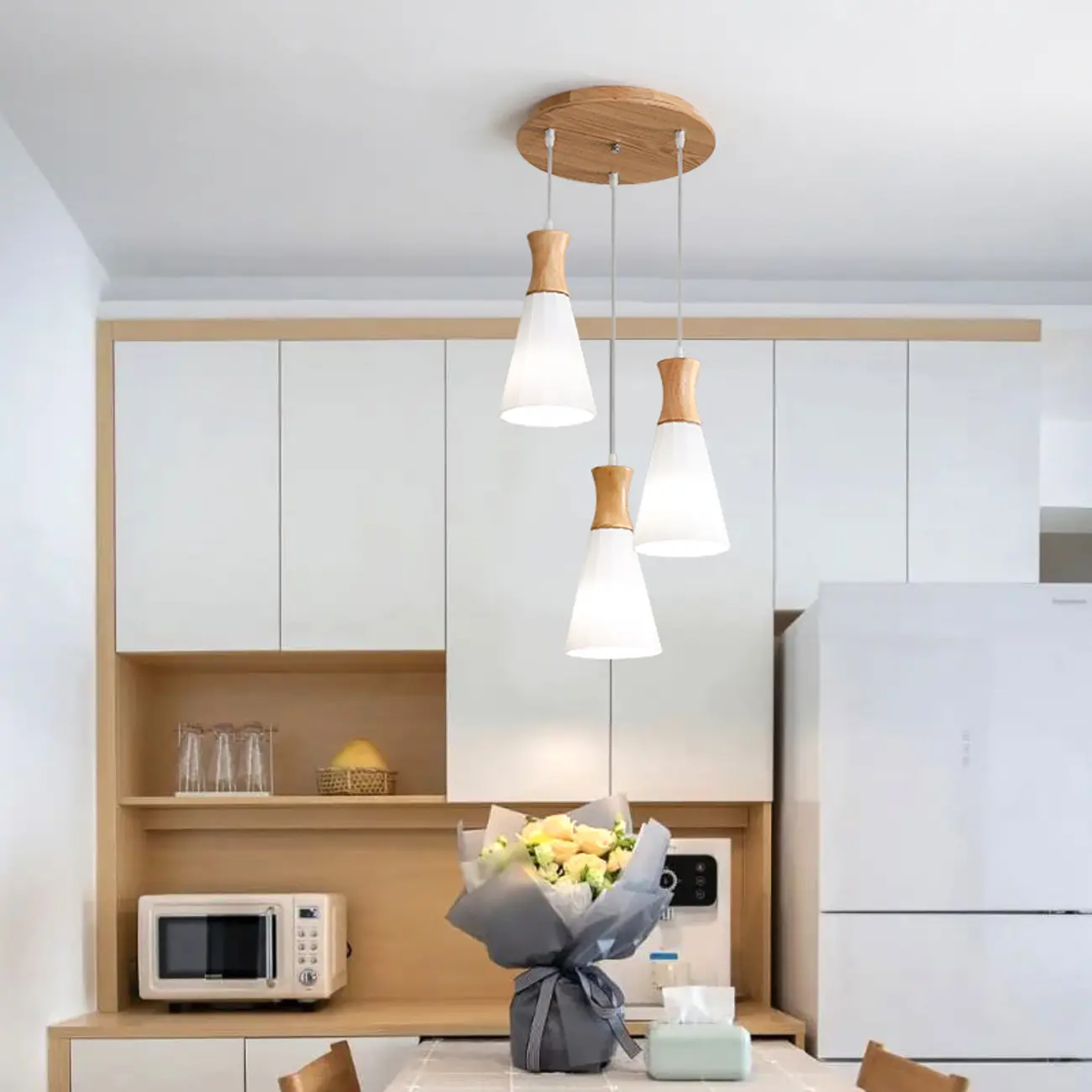 Cone Shade Wooden Kitchen Island Pendant Light Adjustable
