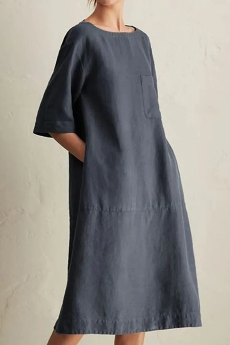 hulianfu - Casual Solid Patchwork Pocket O Neck A Line Dresses(6 Colors) - Deanwangkt