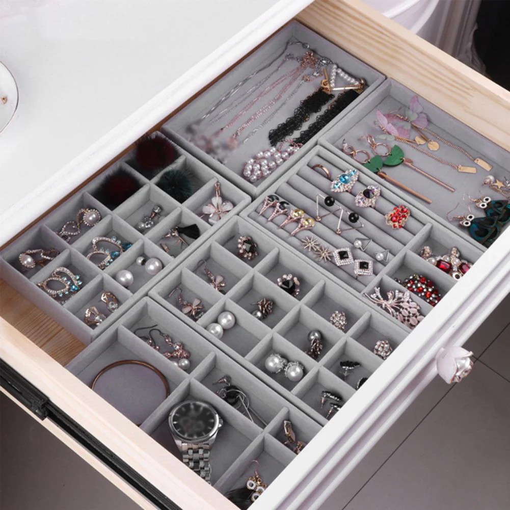 HULIANFU Jewelry Box Showcase Drawer Storage Multi-Grids Classification Storage Flannel Necklace Rings Earrings Storage Case for Home - Deanwangkt