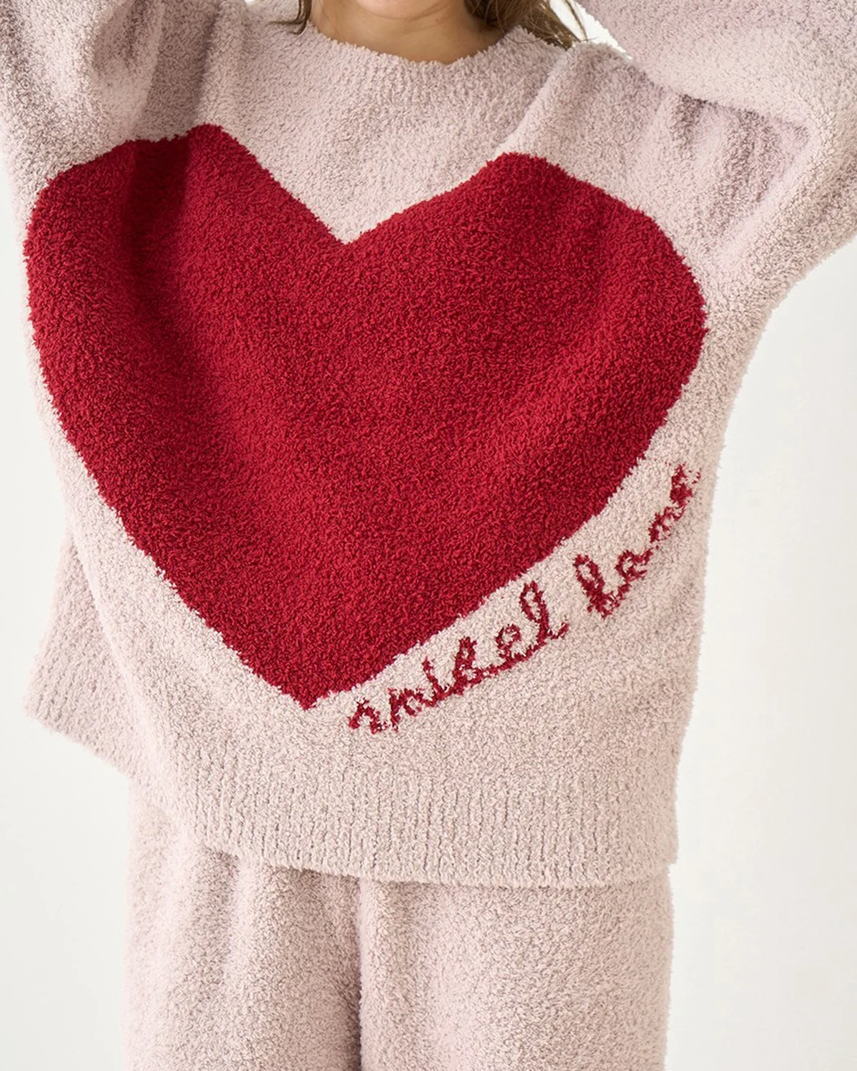 Fall/Winter soft plush half-fleece thermal loungewear set for women, sweet heart design outerwear-style pajamas