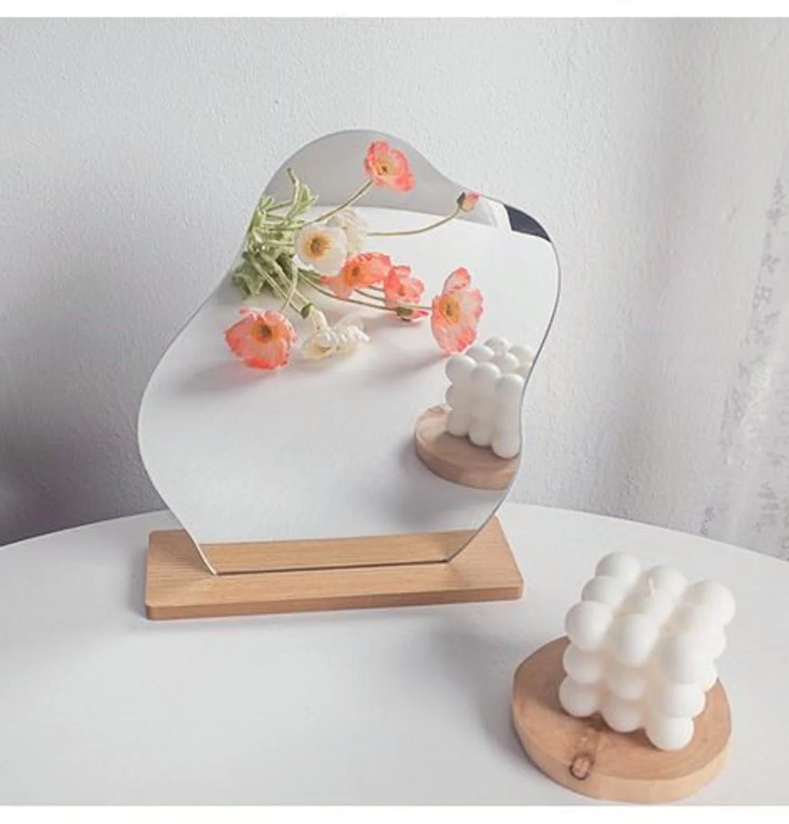 HULIANFU Korean style Makeup Mirror Ins Irregular Acrylic Decorative Mirror Wooden Base Cosmetic de maquillaje Beauty Tools Dropshipping - Deanwangkt