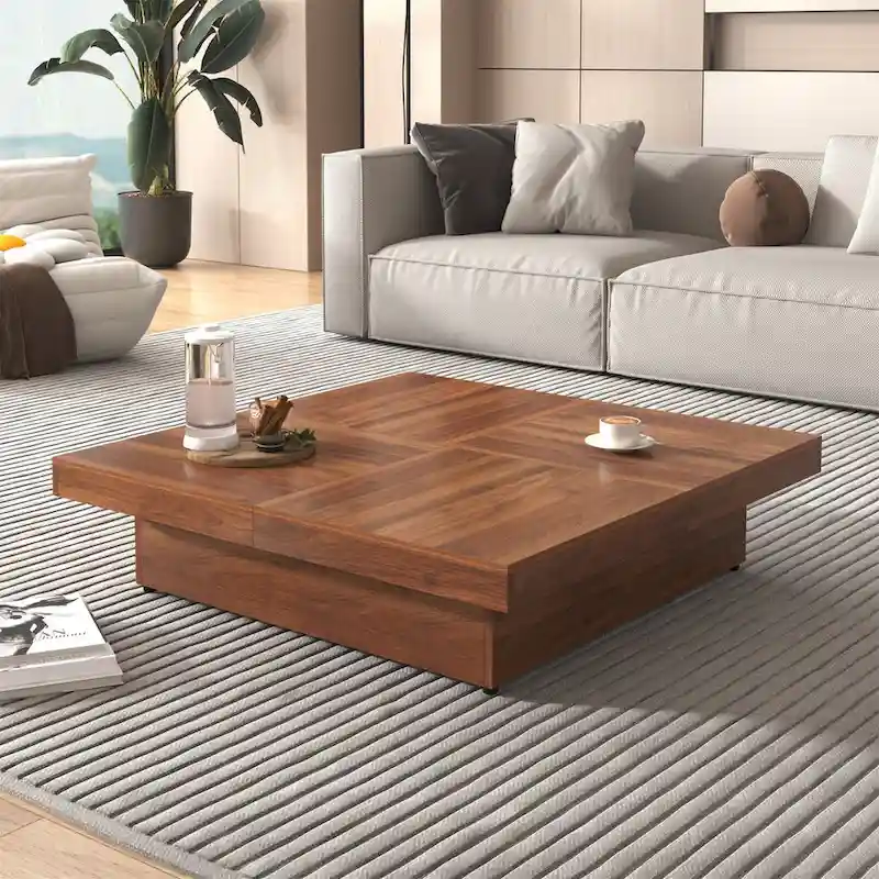Square Marble Veneer Coffee Table Sliding Top with Storage by Harper&Bright Designs
