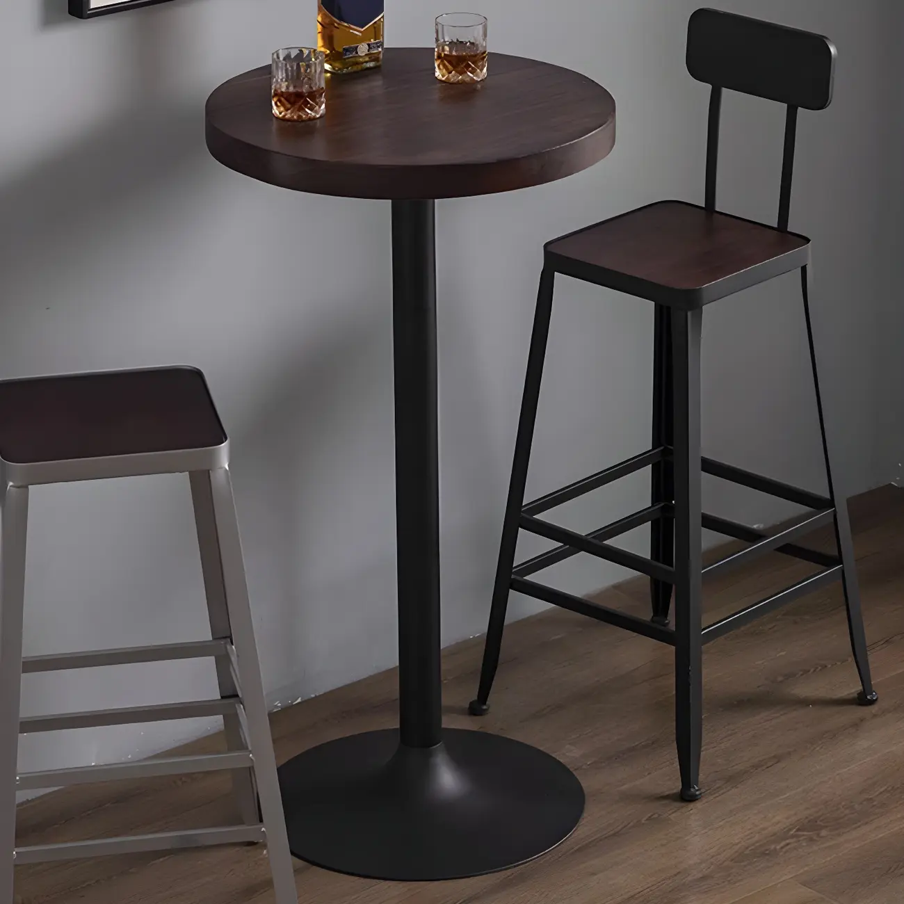 Industrial Brown Wooden Metal Pedestal Bar Tables