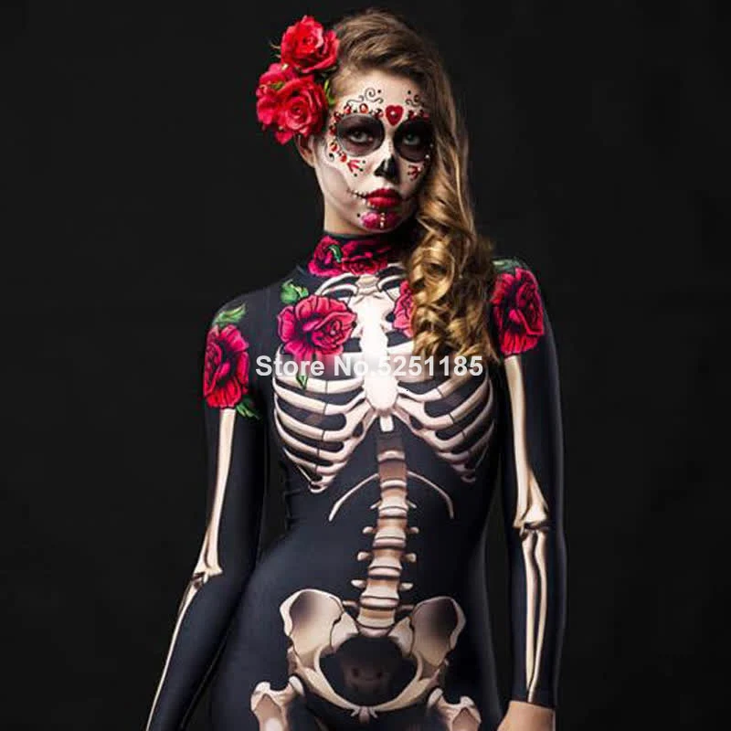 HULIANFU Women Cosplay Skeleton Rose Sexy Bodysuit Halloween Devil Ghost Specter Jumpsuit Romper Party Carnival Performance Scary Costume - Deanwangkt